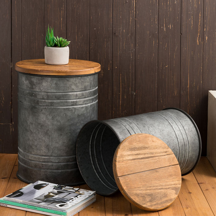 Rustic Galvanized Metal Storage Accent Table or Stool with Round Wood Lid,  Set of 2