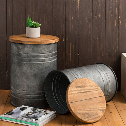 Rustic Galvanized Metal Storage Accent Table or Stool with Round Wood Lid,  Set of 2