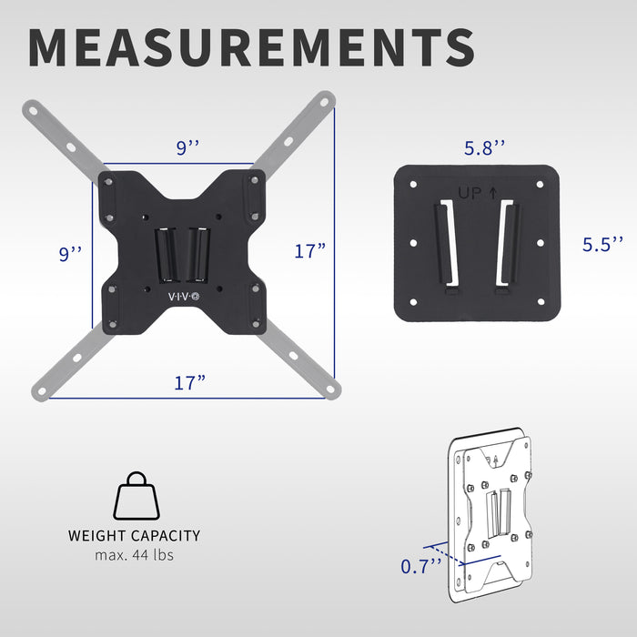 Anti-rust RV VESA TV mount for large screens featuring easy installation and removal and all necessary hardware included. Suitable for indoor or outdoor mounting.