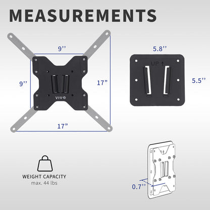 Anti-rust RV VESA TV mount for large screens featuring easy installation and removal and all necessary hardware included. Suitable for indoor or outdoor mounting.