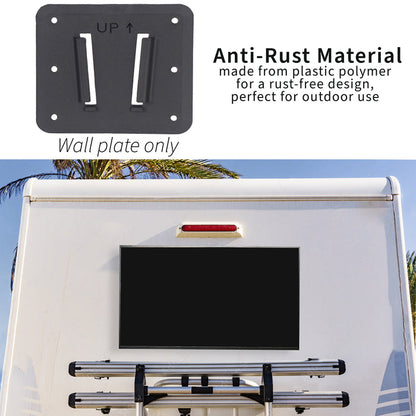 Anti-rust RV VESA TV mount for large screens featuring easy installation and removal and all necessary hardware included. Suitable for indoor or outdoor mounting.