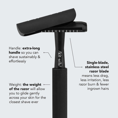 KITSCH Safety Razor Bundle Black — top selling points infographic — single-blade stainless steel reduces irritation, eco-friendly, reusable metal handle — bottle-free beauty