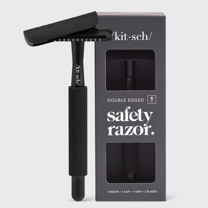 KITSCH Perfect Glide Safety Razor Black — hero product shot on clean background — sleek matte black finish — bottle-free beauty — reduces plastic waste