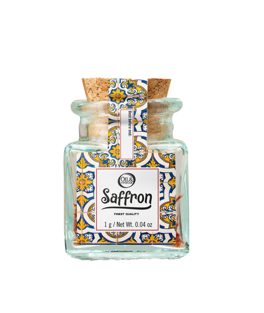 jar of saffron with decorative label on a white background