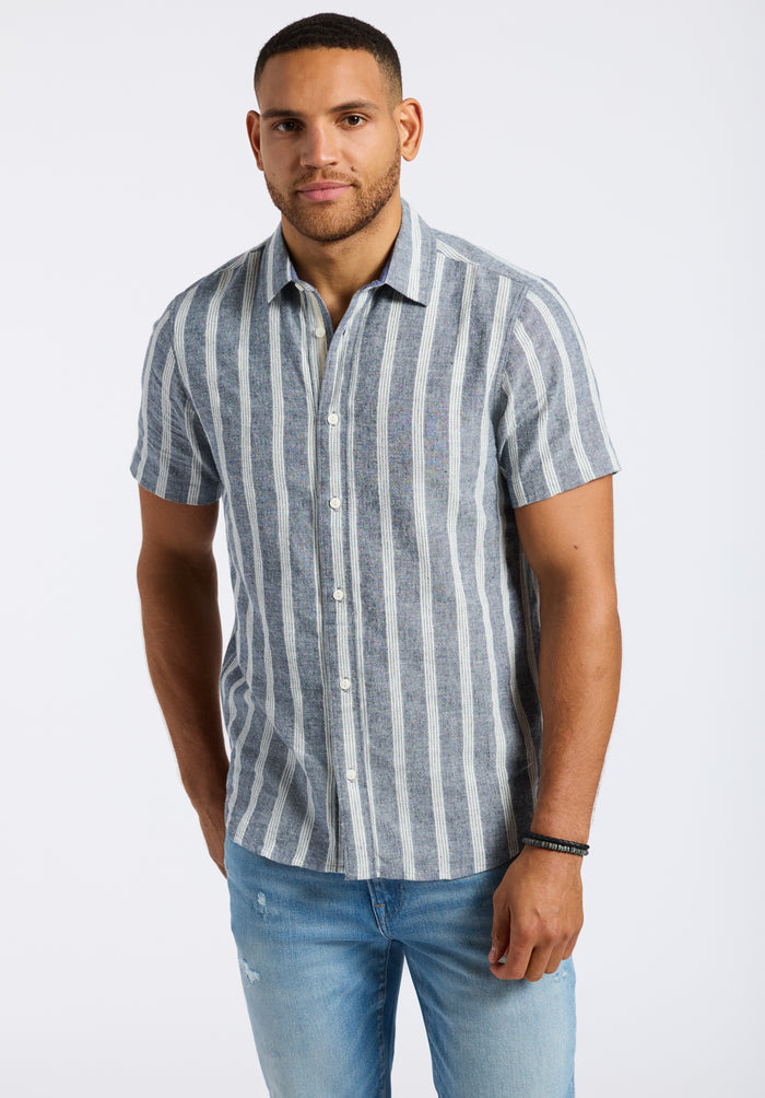 Buffalo Men Shirts Navy Woven Woven Short Sleeve Linen Blend Short-Sleeve