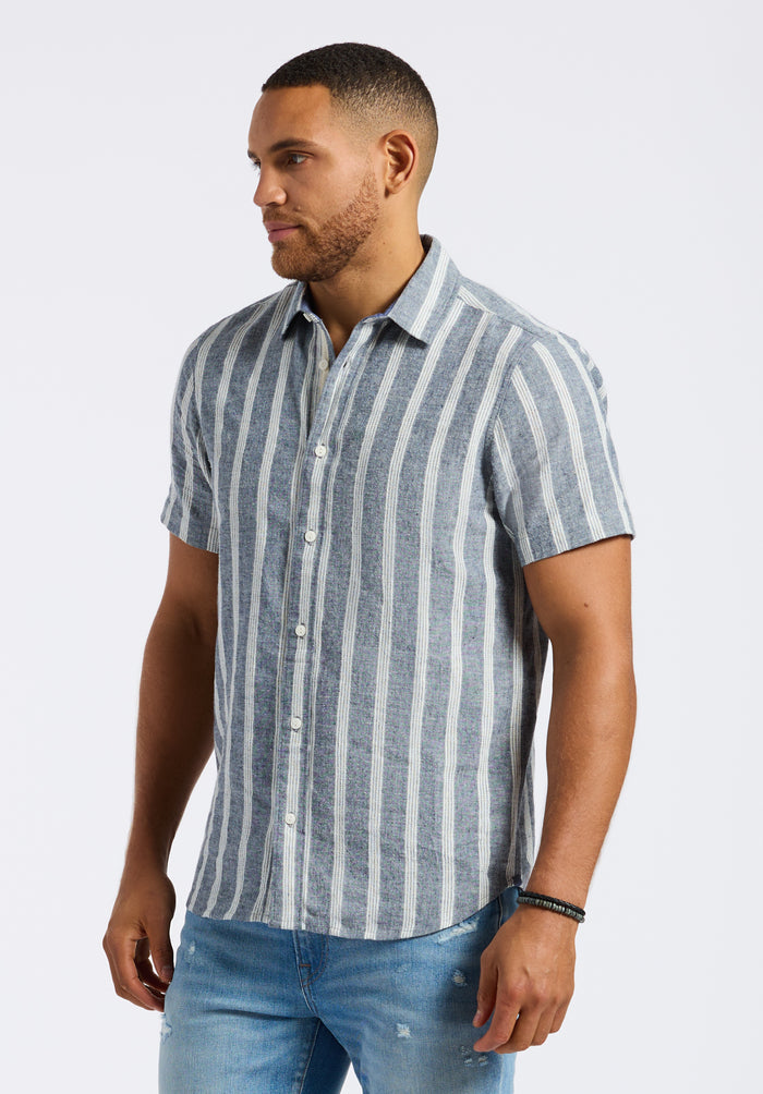 Buffalo Men Shirts Navy Woven Woven Short Sleeve Linen Blend Short-Sleeve