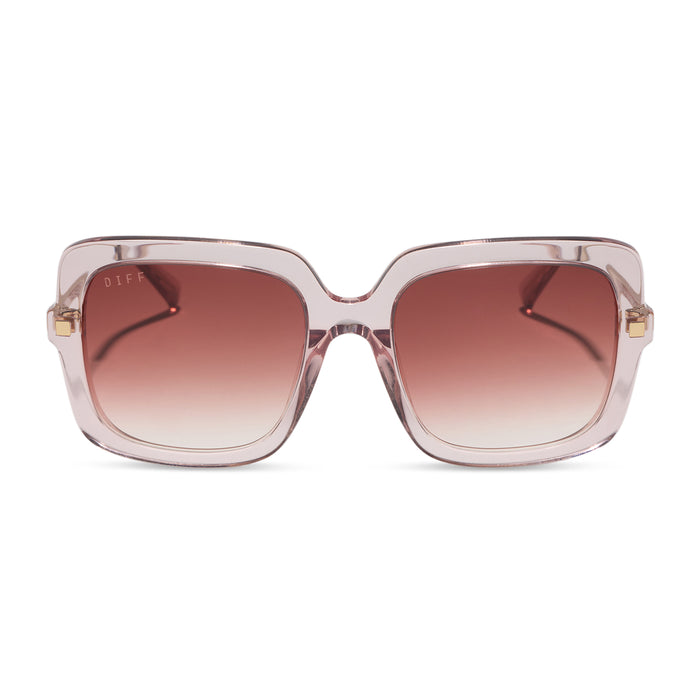 diff eyewear sandra square sunglasses with a light pink crystal frame and peach dusk gradient lenses front view