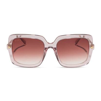 diff eyewear sandra square sunglasses with a light pink crystal frame and peach dusk gradient lenses front view