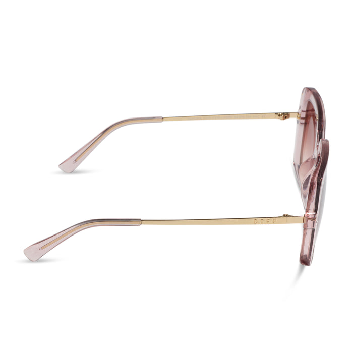 diff eyewear sandra square sunglasses with a light pink crystal frame and peach dusk gradient lenses side view