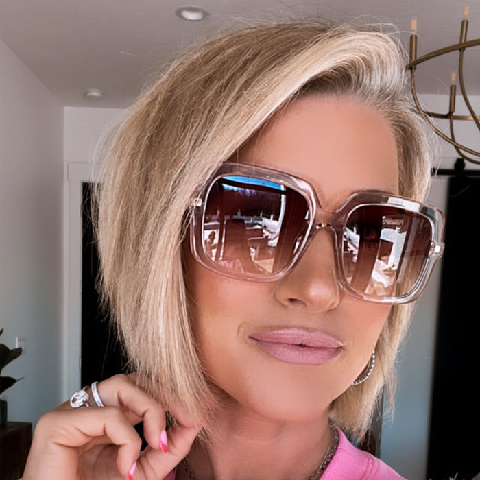 lifestyle - Kalee Rogers wearing the Diff Eyewear Sandra Light Pink Crystal Dusk Gradient Sunglasses for Women