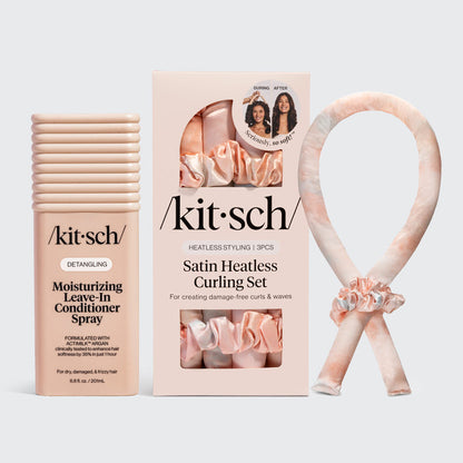 KITSCH Satin Heatless Curling Set + Moisturizing Argan Milk Leave-In Conditioner Bundle — hero shot — complete heatless curl routine