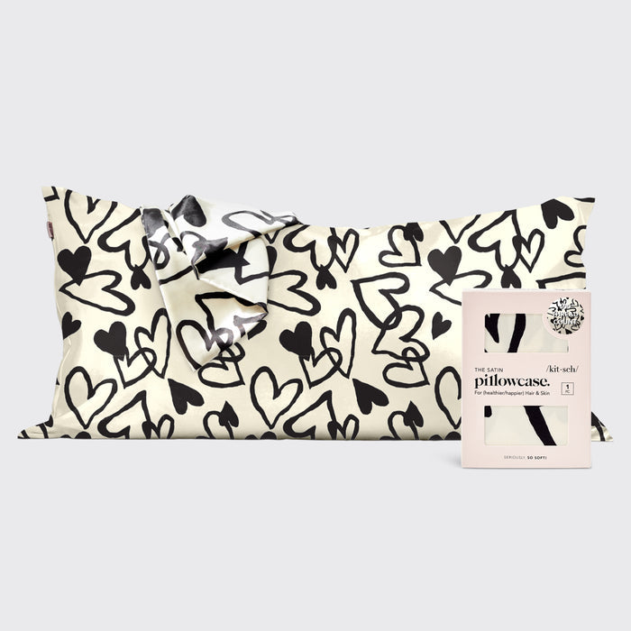 KITSCH Heart Print King Satin Pillowcase — hero view
