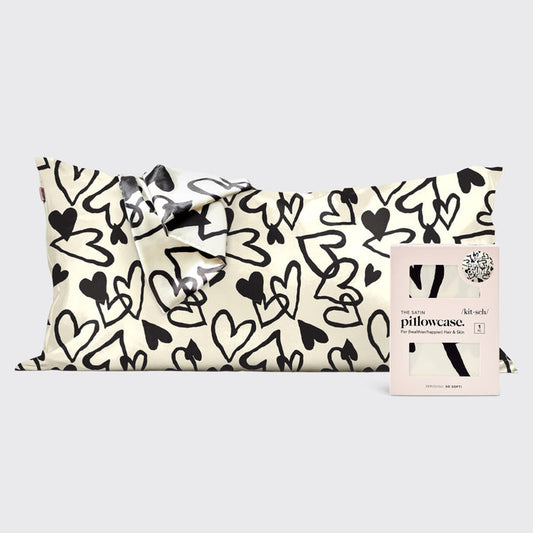 KITSCH Heart Print King Satin Pillowcase — hero view