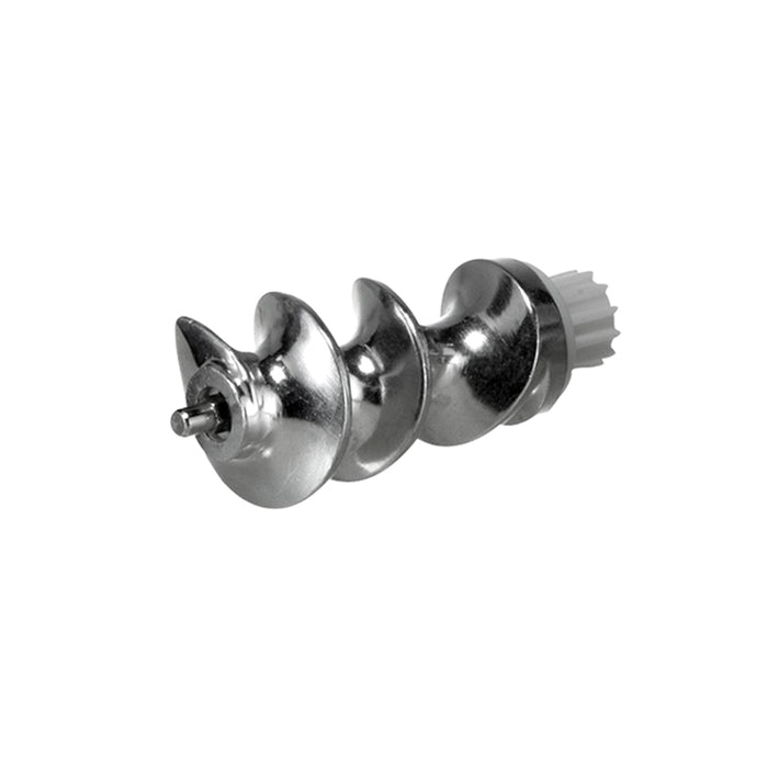 Die Unold Schnecke für FLEISCHWOLF 78131 ist eine Metallschnecke mit spiralförmigen Blättern und einem zahnradähnlichen Ende, die für den Einsatz in Fleischwölfen oder Küchenmaschinen konzipiert ist und isoliert auf weißem Hintergrund dargestellt ist.