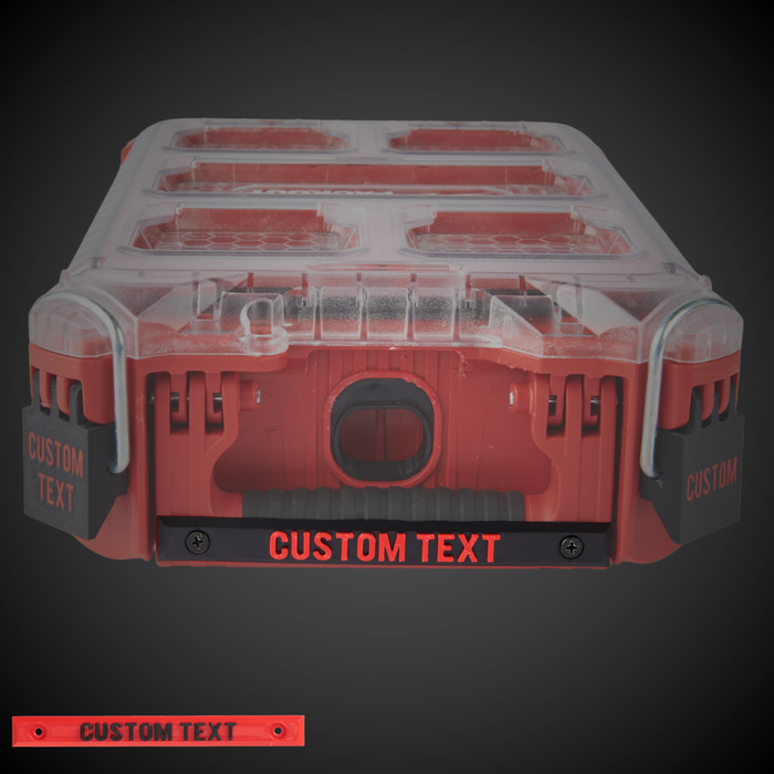 Customed Screw On Label - Half width on a Milwaukee toolbox with a 'CUSTOM TEXT' placeholder.