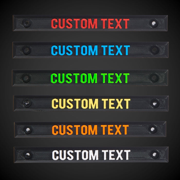 Custom text label on a red and transparent tool storage container with a 'CUSTOM TEXT' placeholder.