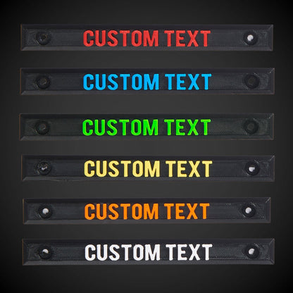 Custom text label on a red and transparent tool storage container with a 'CUSTOM TEXT' placeholder.