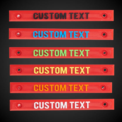 Custom text label on a red and transparent tool storage container with a 'CUSTOM TEXT' placeholder.