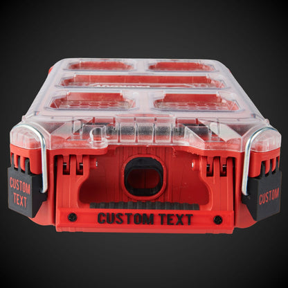 Red milwaukee organizer with customizable Screw_On_Label on a dark background