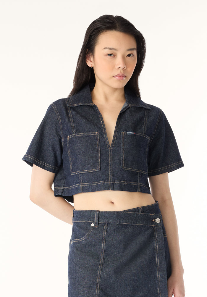 Buffalo Women Shirts Navy Woven Woven Short Sleeve Stretch Front Patch Pockets Contrast Stitching
