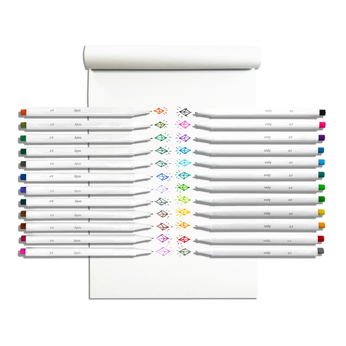 Row of markers with colored diamond swatches on a white pad made with a set of OOLY Seriously Fine Tip Markers