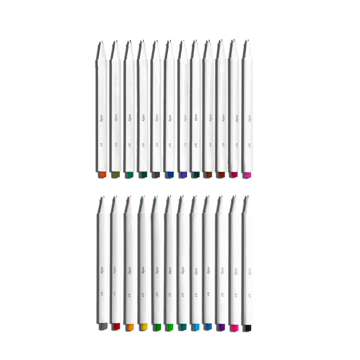 Row of uncapped markers from a set of OOLY Seriously Fine Tip Markers