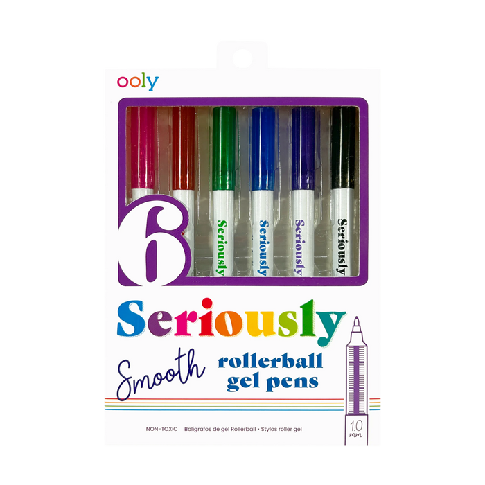 Front packaging of OOLY Seriously Smooth Rollerball Gel Pens on a white background
