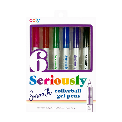 Front packaging of OOLY Seriously Smooth Rollerball Gel Pens on a white background