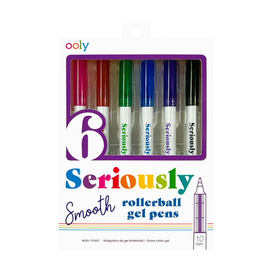 Front packaging of OOLY Seriously Smooth Rollerball Gel Pens on a white background
