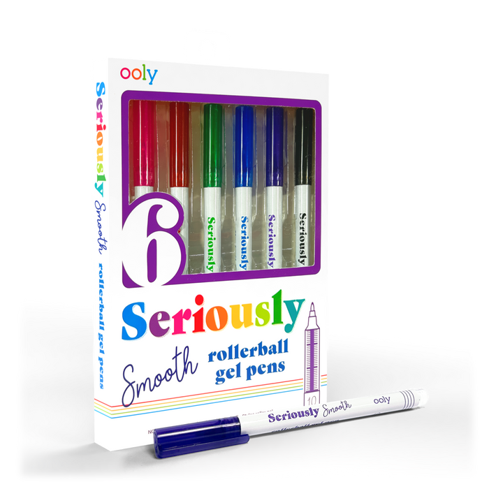 Quarter angle of packaging of OOLY Seriously Smooth Rollerball Gel Pens on a white background