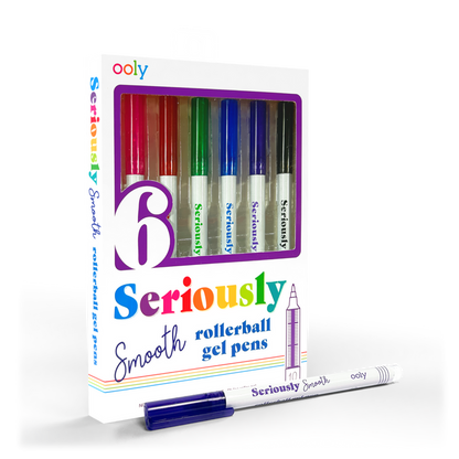 Quarter angle of packaging of OOLY Seriously Smooth Rollerball Gel Pens on a white background