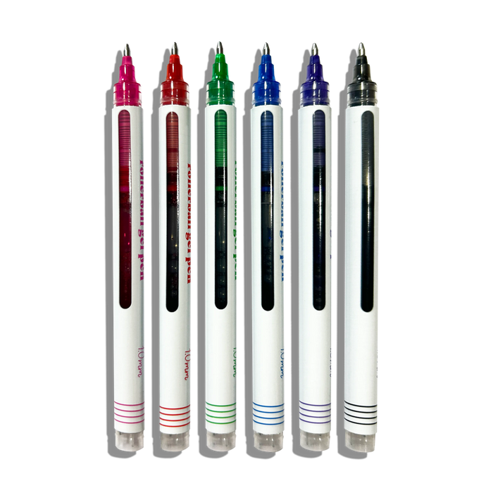Row of uncapped OOLY Seriously Smooth Rollerball Gel Pens on a white background