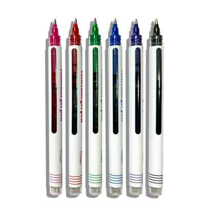 Row of uncapped OOLY Seriously Smooth Rollerball Gel Pens on a white background