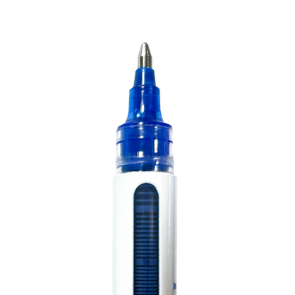 Close up of a blue, uncapped OOLY Seriously Smooth Rollerball Gel Pens on a white background