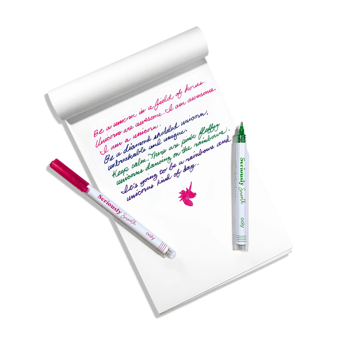 Written, colored notes with a pink and green OOLY Seriously Smooth Rollerball Gel Pens on a white paper sketchbook