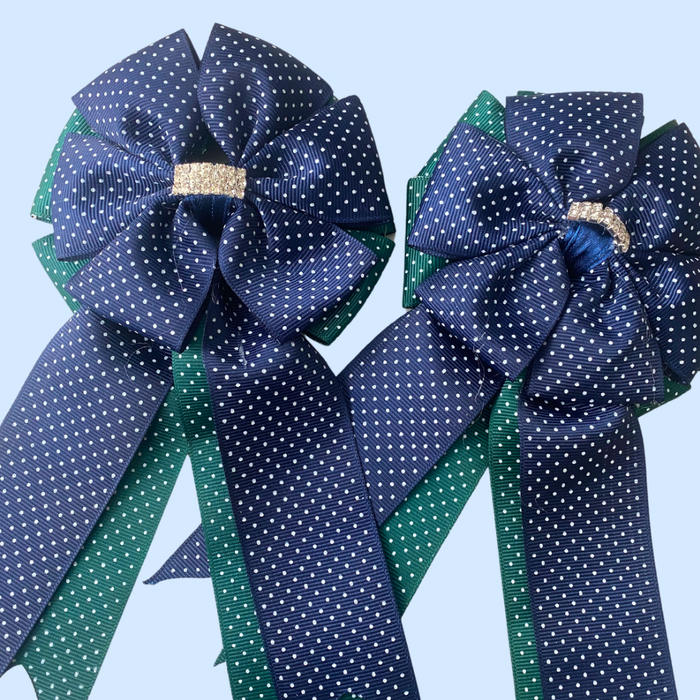 🤩 Show Bows: Navy/Green Swiss Dot