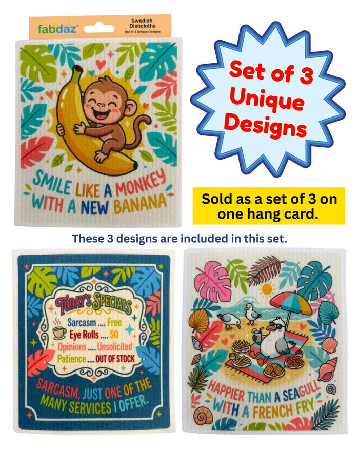 Silly Sayings - Set of 3 - Swedish Dishcloths - Wholesale