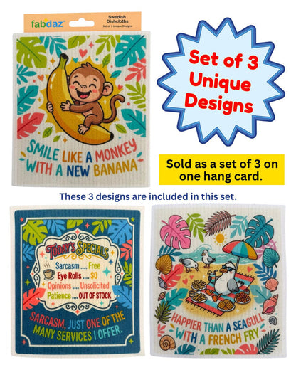 Silly Sayings - Set of 3 - Swedish Dishcloths - Wholesale