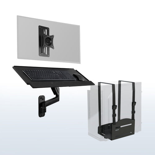 Single monitor height adjustable wall mount, articulating wall mounted keyboard tray, and PC wall mount with adjustable straps.