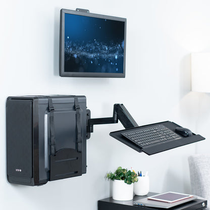 Single monitor height adjustable wall mount, articulating wall mounted keyboard tray, and PC wall mount with adjustable straps.