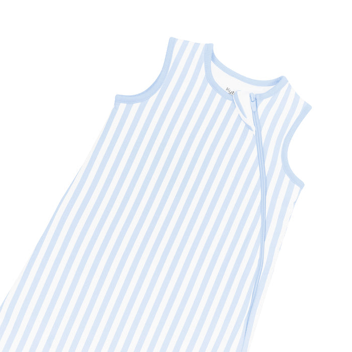Close up of zipper garage and top zipper on the Sleep Bag in Small Mist Stripe 1.0