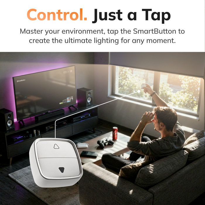 Living room with a person sitting on a couch, TV, and RYSE SmartButton with text 'Control. Just a Tap'.
