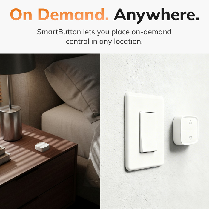 SmartButton control on a wall and nightstand in a bedroom setting with text 'On Demand. Anywhere.'