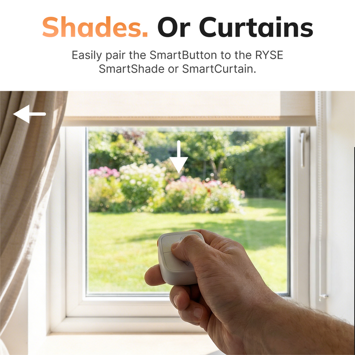 Hand holding a RYSE SmartButton device in front of a window with curtains, shades 
and a garden view.