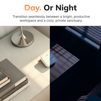 RYSE SmartButton device on a desk with text 'Day. Or Night' and split-screen showing bright and dark environments.