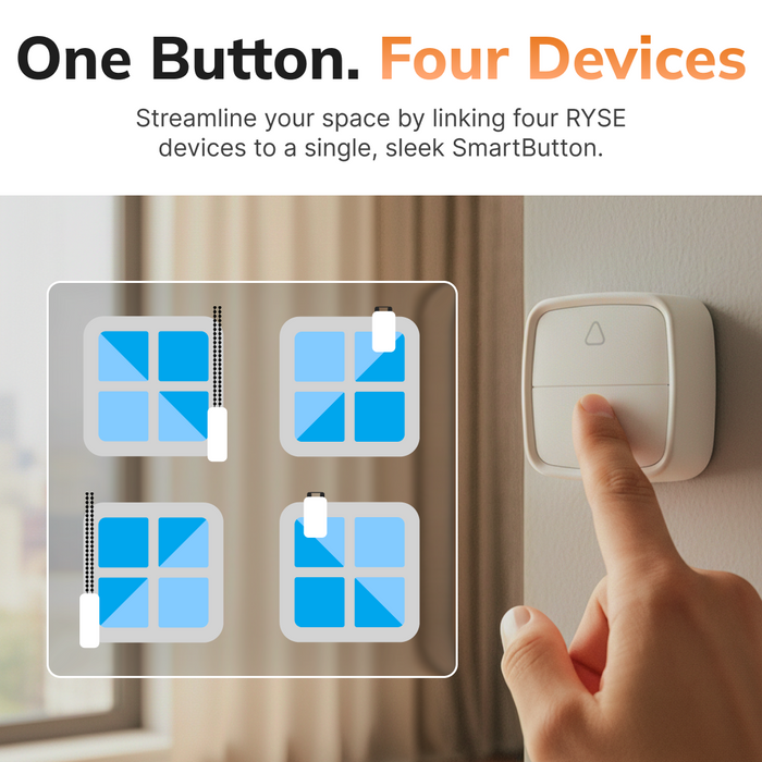 Smart home control system with a hand pressing a button and four window icons displayed.