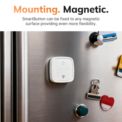 SmartButton device on a refrigerator door with text highlighting its magnetic mounting capability.