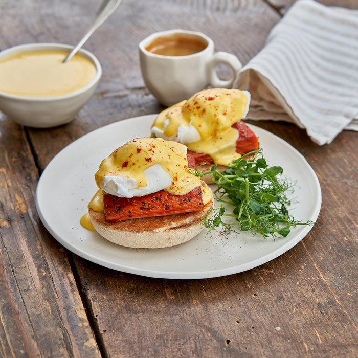 Smoked Coho Salmon with Cracked Black Pepper Eggs Benedict with coffee and hollandaise on the side