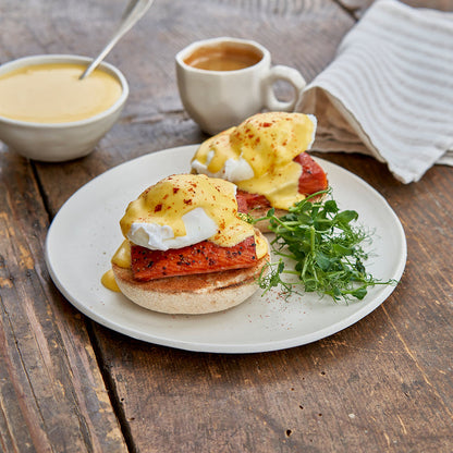 Smoked Coho Salmon with Cracked Black Pepper Eggs Benedict with coffee and hollandaise on the side