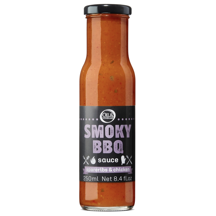 A bottle of Smoky Grill BBQ sauce with a label showing the product name and volume.